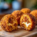 A close-up of crispy, golden-brown fried rice balls, one cut open revealing a savory meat filling and melted cheese.