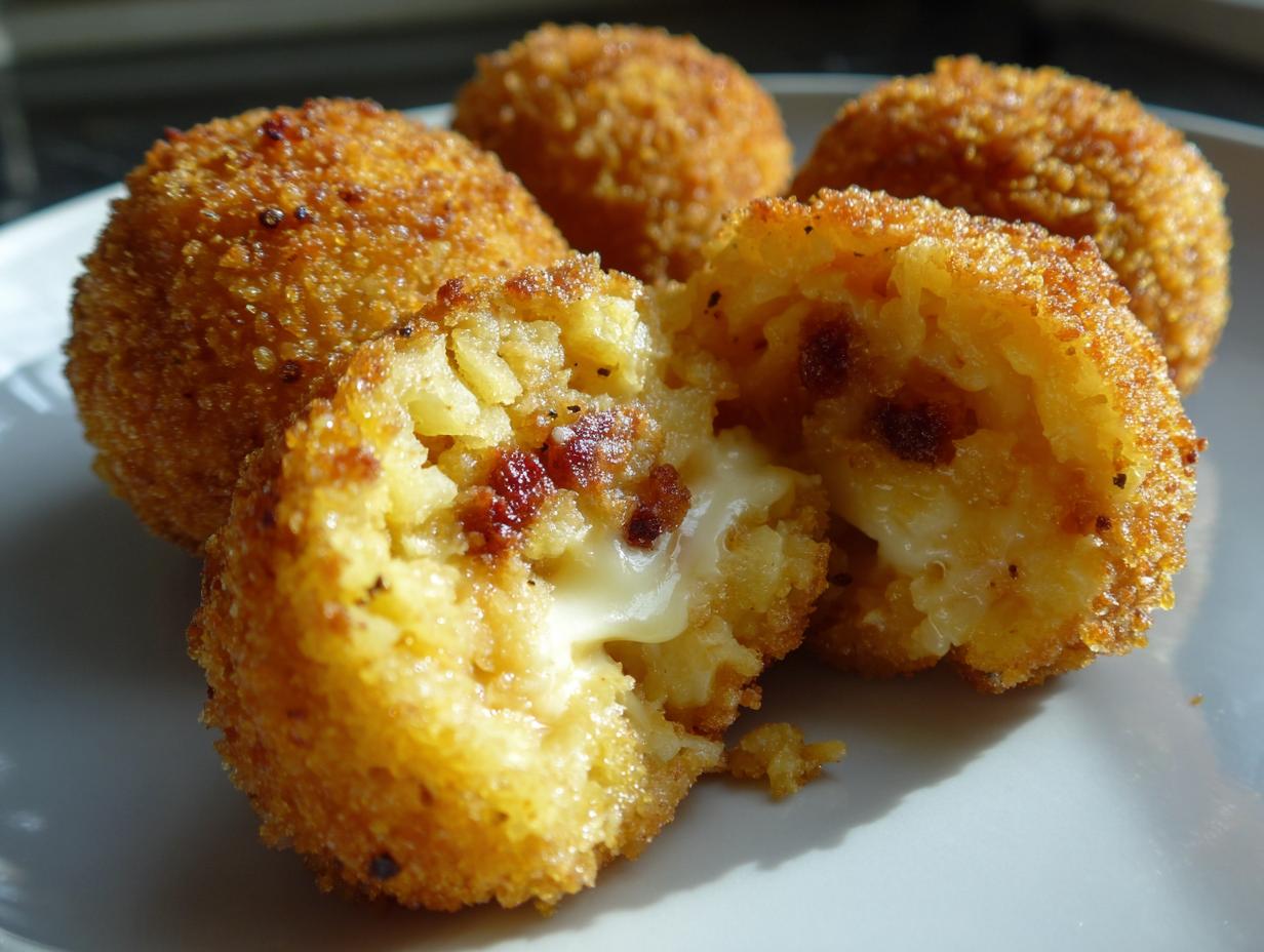 Close-up of golden brown, crispy rice balls, one broken open revealing melted cheese and savory bits inside.