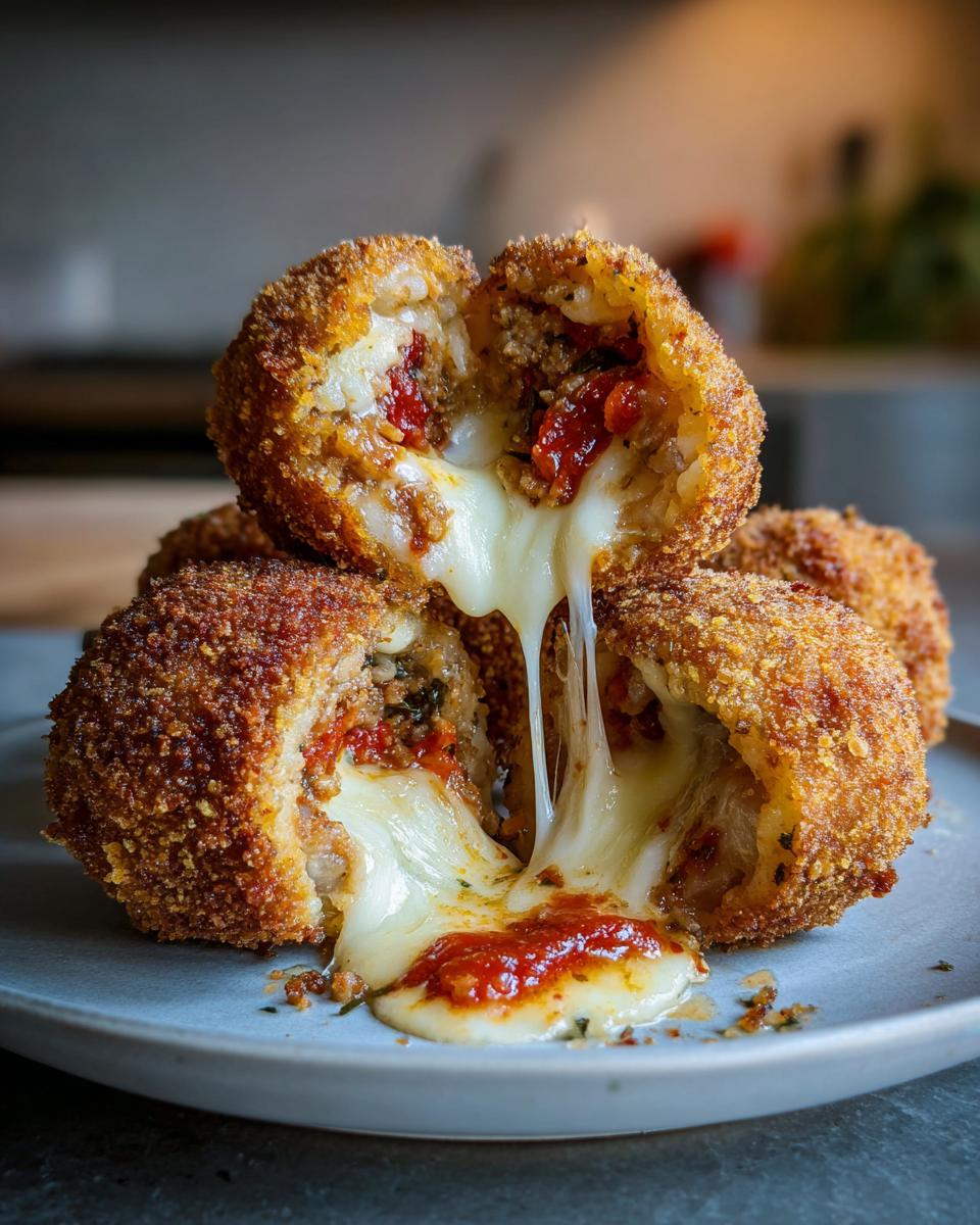 Close-up of two halves of golden-brown, crispy rice balls broken open, showing a massive, gooey cheese pull inside.