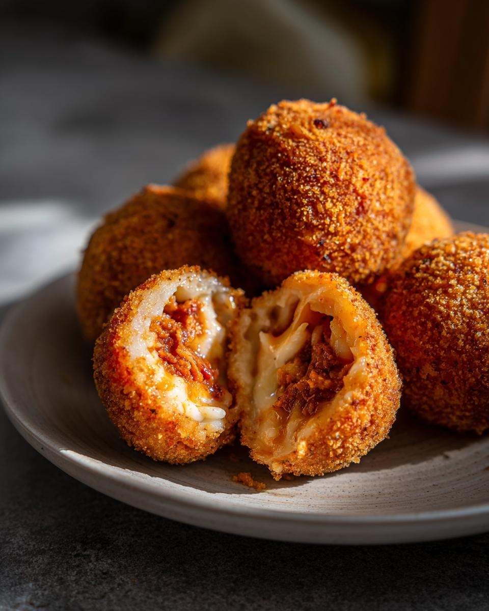 Close-up of golden fried rice balls, one cut open revealing a cheesy, savory filling. Perfect for amazing rice balls.