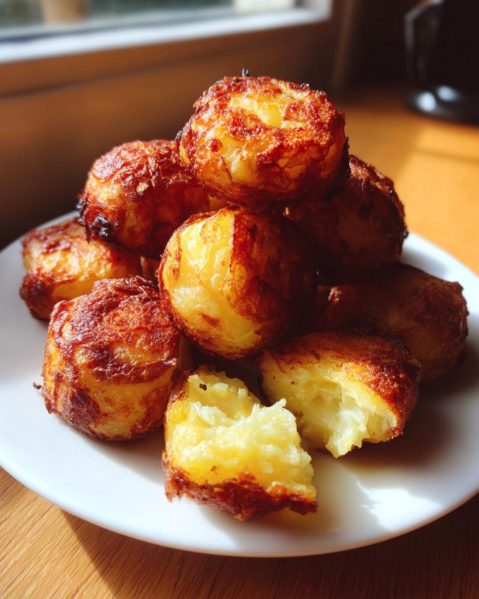 A pile of golden brown, incredibly crispy roast potatoes served on a white plate, one broken open to show the fluffy interior.
