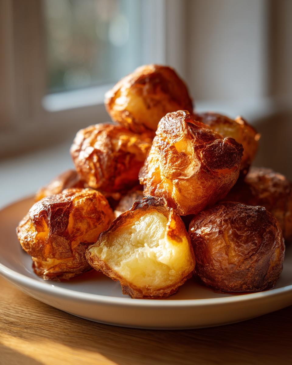 A pile of golden brown, crispy roast potatoes, with one cut open showing the fluffy interior.