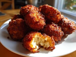 A pile of perfectly golden, crispy roast potatoes on a white plate, one is broken open showing fluffy interior.