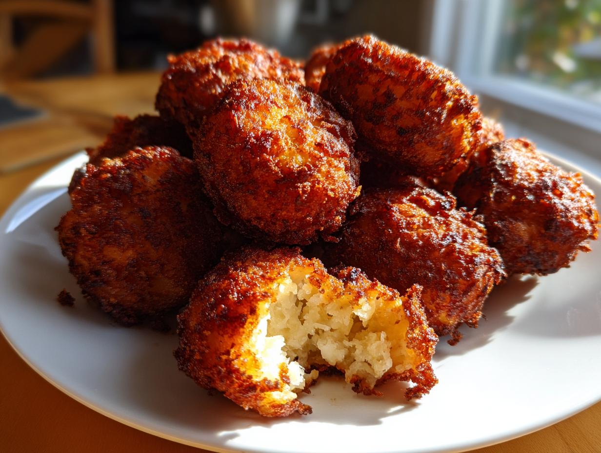 A pile of perfectly golden, crispy roast potatoes on a white plate, one is broken open showing fluffy interior.