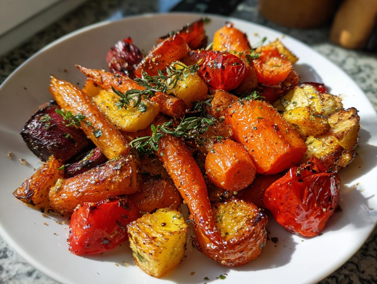 A close-up of beautifully caramelized roasted vegetables, including carrots, potatoes, and peppers, seasoned with herbs.