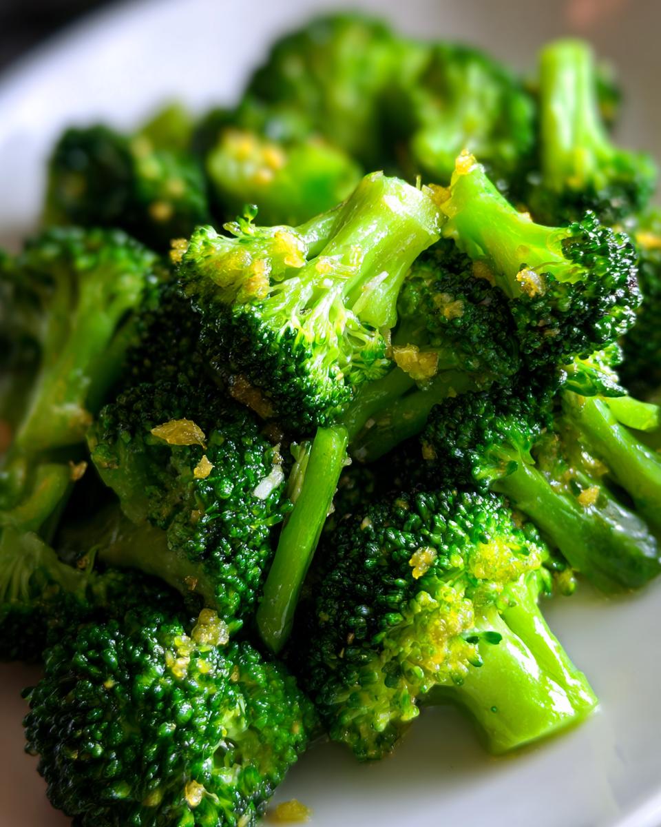 Close-up of bright green steamed broccoli florets seasoned with minced garlic.