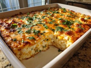 A freshly baked, cheesy street corn dip in a white rectangular baking dish with a serving removed.