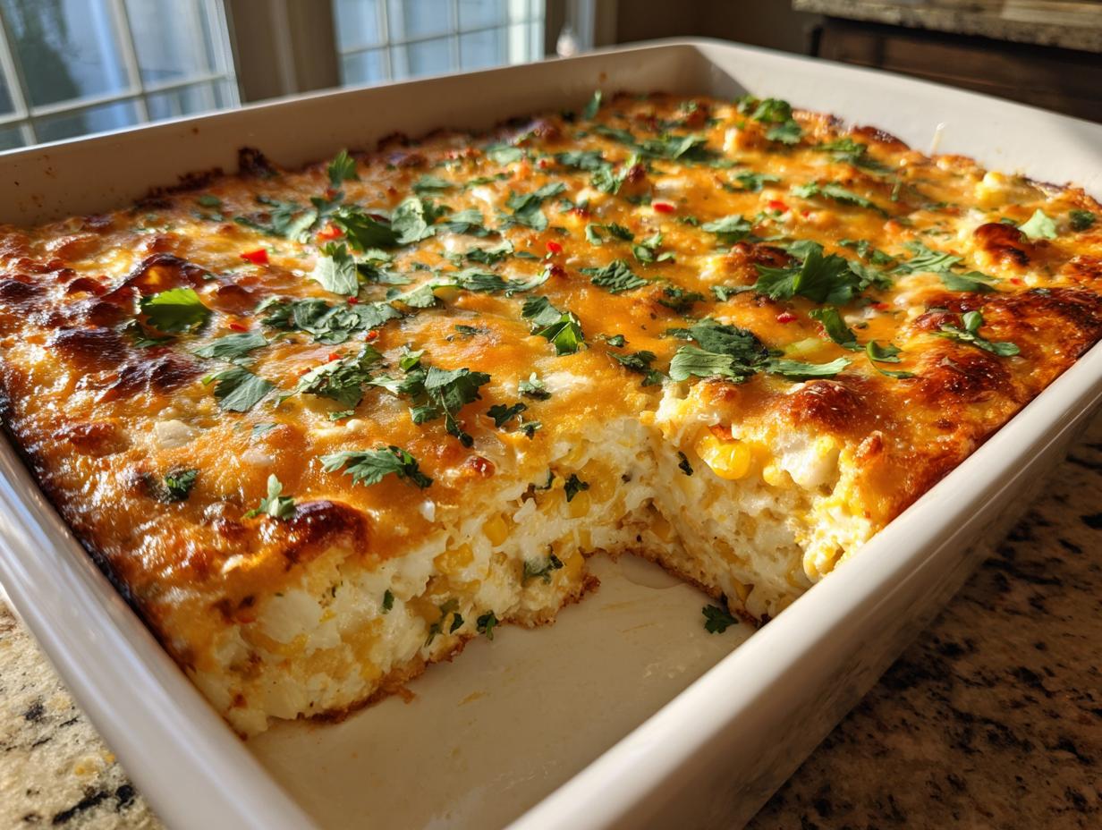 A freshly baked, cheesy street corn dip in a white rectangular baking dish with a serving removed.