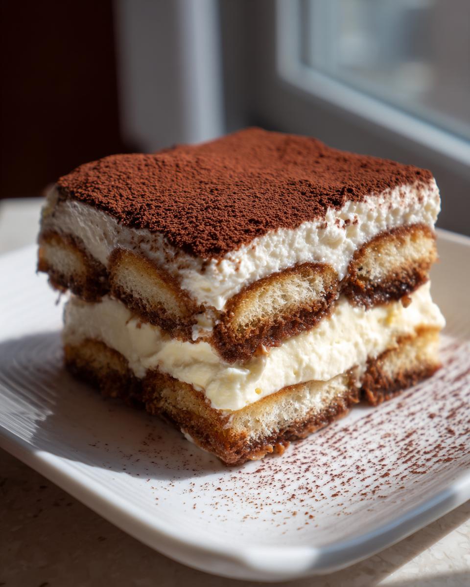 A perfect square slice of tiramisu recipe showing layers of cream and coffee-soaked ladyfingers, topped with cocoa powder.