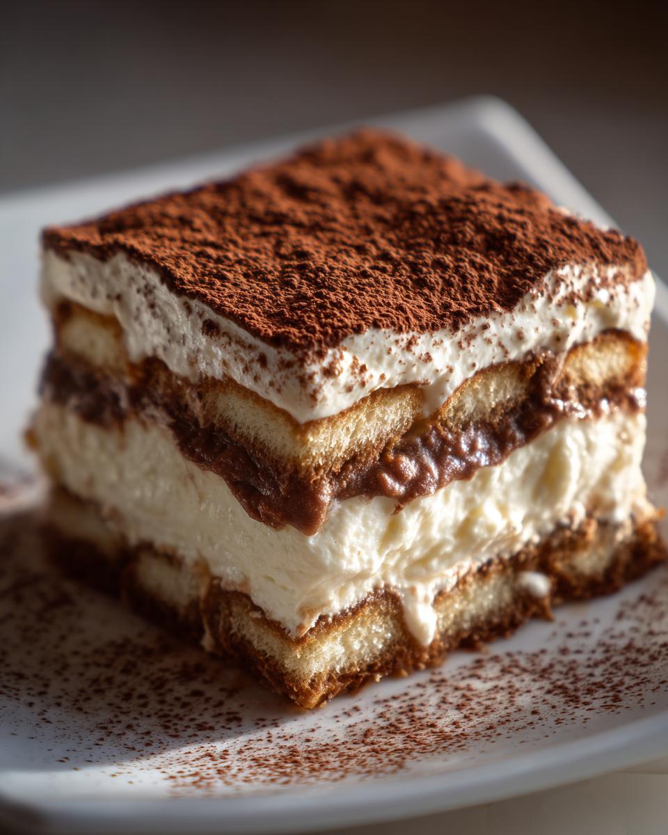 A close-up of a square slice of rich tiramisu recipe, layered with cream, coffee-soaked ladyfingers, and dusted heavily with cocoa powder.