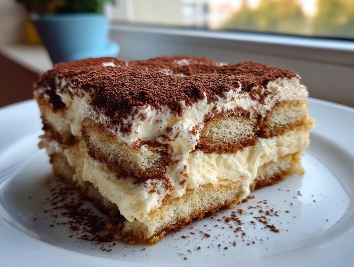 A rich, layered slice of homemade tiramisu recipe dusted heavily with cocoa powder, served on a white plate.