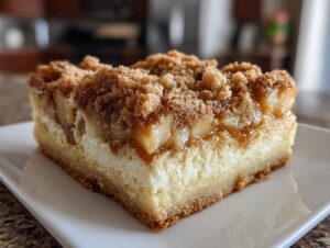 Close-up of a thick slice of apple cheesecake bars showing the graham cracker crust, creamy filling, and crumb topping.