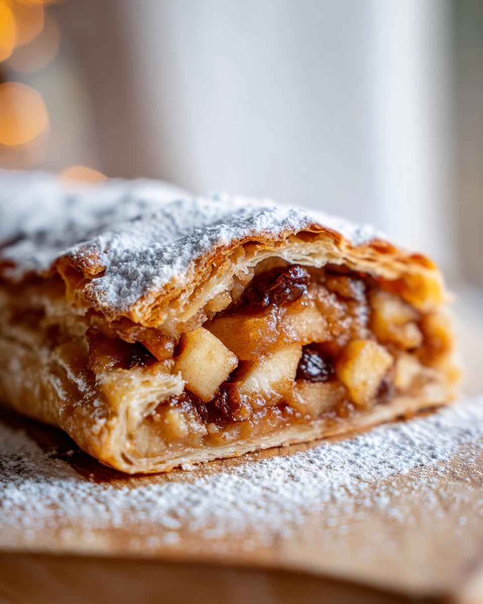 A close-up shot of a cross-section of homemade apple strudel, filled with spiced apples and raisins, dusted generously with powdered sugar.