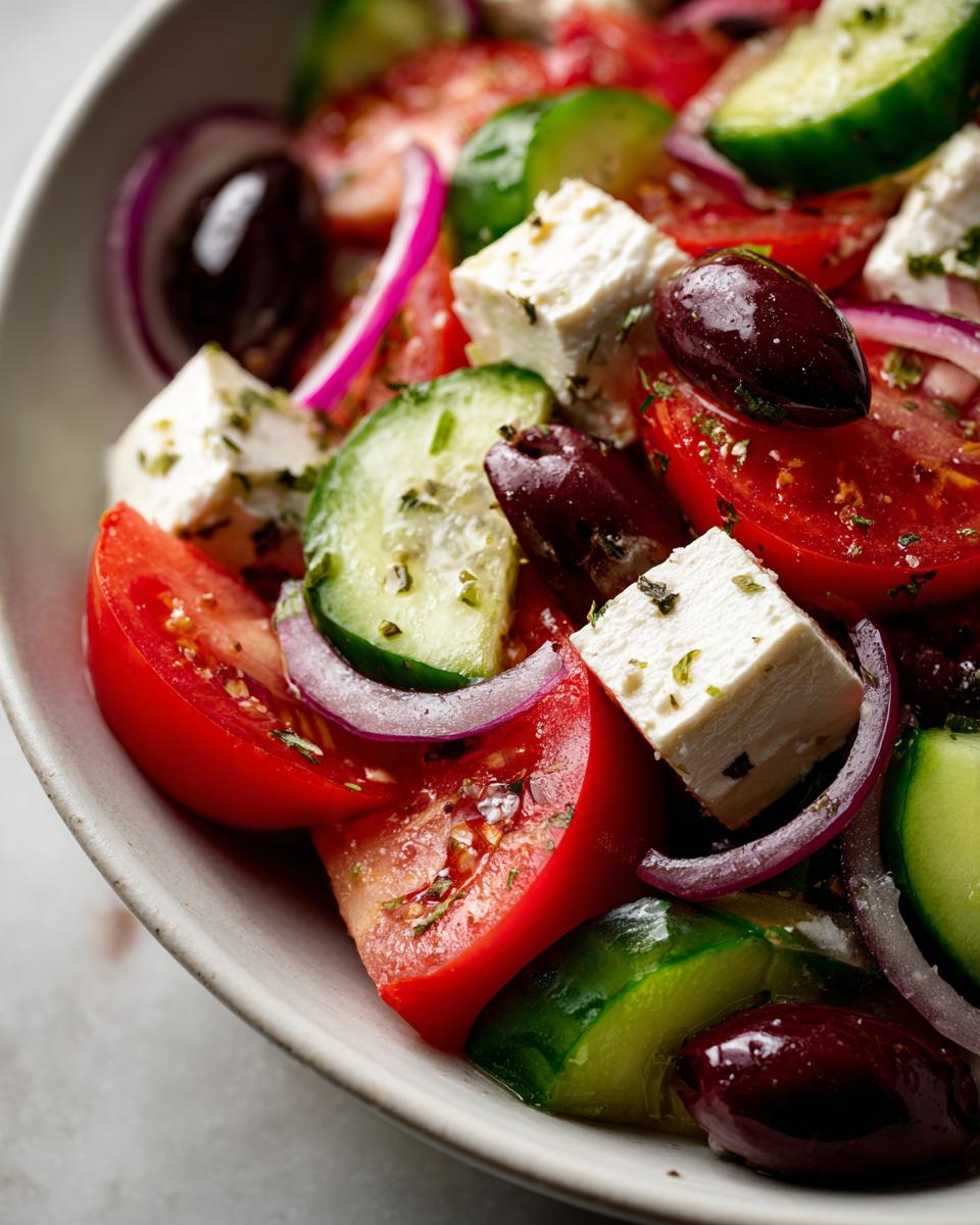 Close-up of a vibrant authentic greek salad featuring chunks of feta, sliced tomatoes, cucumbers, red onion, and Kalamata olives.
