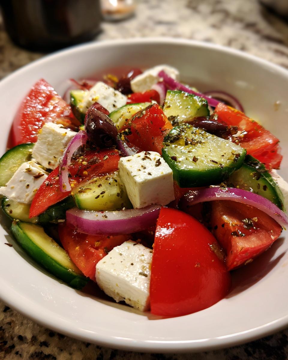 A close-up of an authentic greek salad featuring large chunks of tomato, cucumber, red onion, feta cheese, and Kalamata olives, seasoned with herbs.