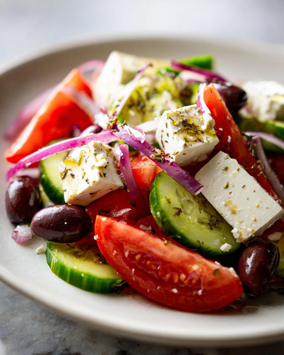 Close-up of a vibrant greek salad featuring large chunks of feta, sliced tomatoes, cucumbers, red onion, and Kalamata olives.