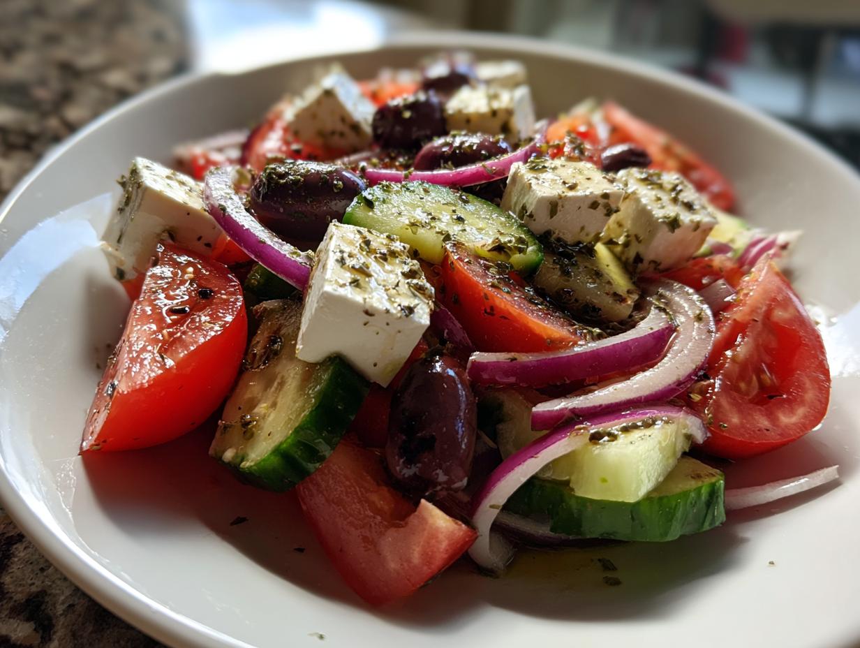 Close-up of a vibrant bowl featuring an authentic greek salad with chunks of feta, red onion, cucumber, tomatoes, and Kalamata olives.