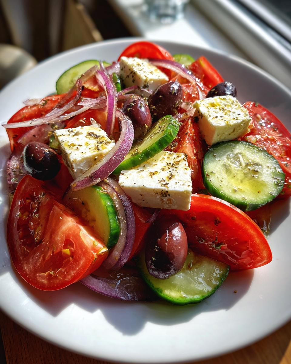 Close-up of a vibrant greek salad featuring large chunks of feta cheese, sliced tomatoes, cucumbers, red onion, and Kalamata olives.