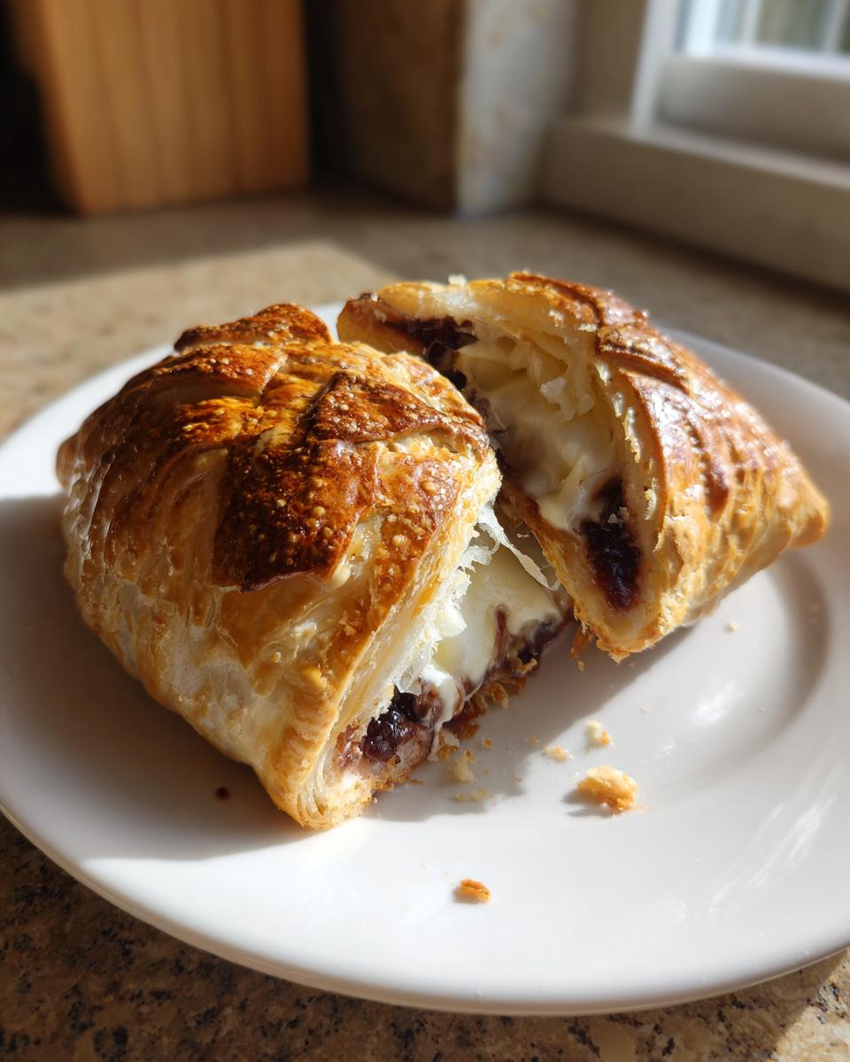 A golden brown baked brie in puff pastry, cut in half to show the melted brie cheese and jam filling.