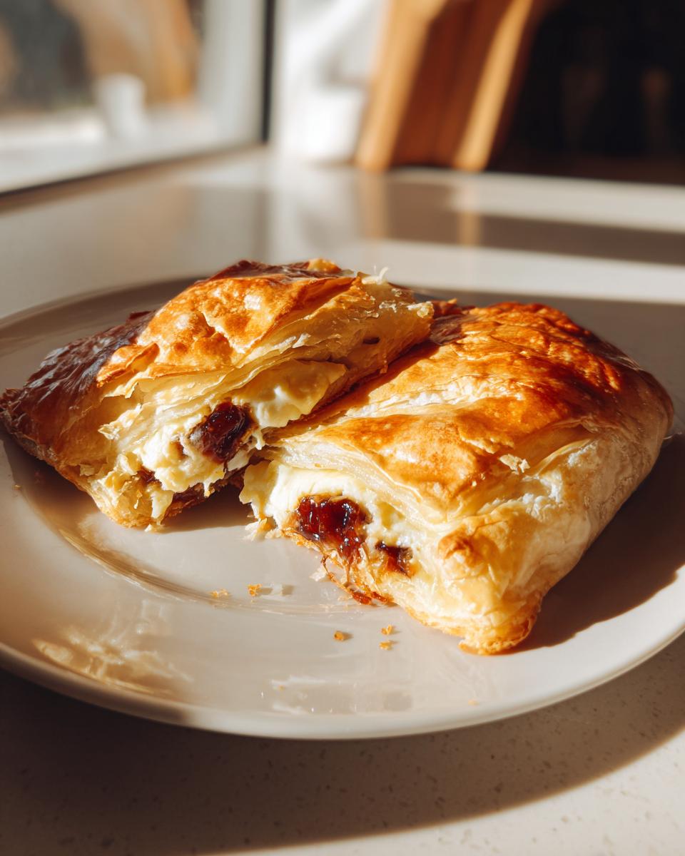 A close-up of baked brie in puff pastry cut in half, showing melted cheese and jam filling.