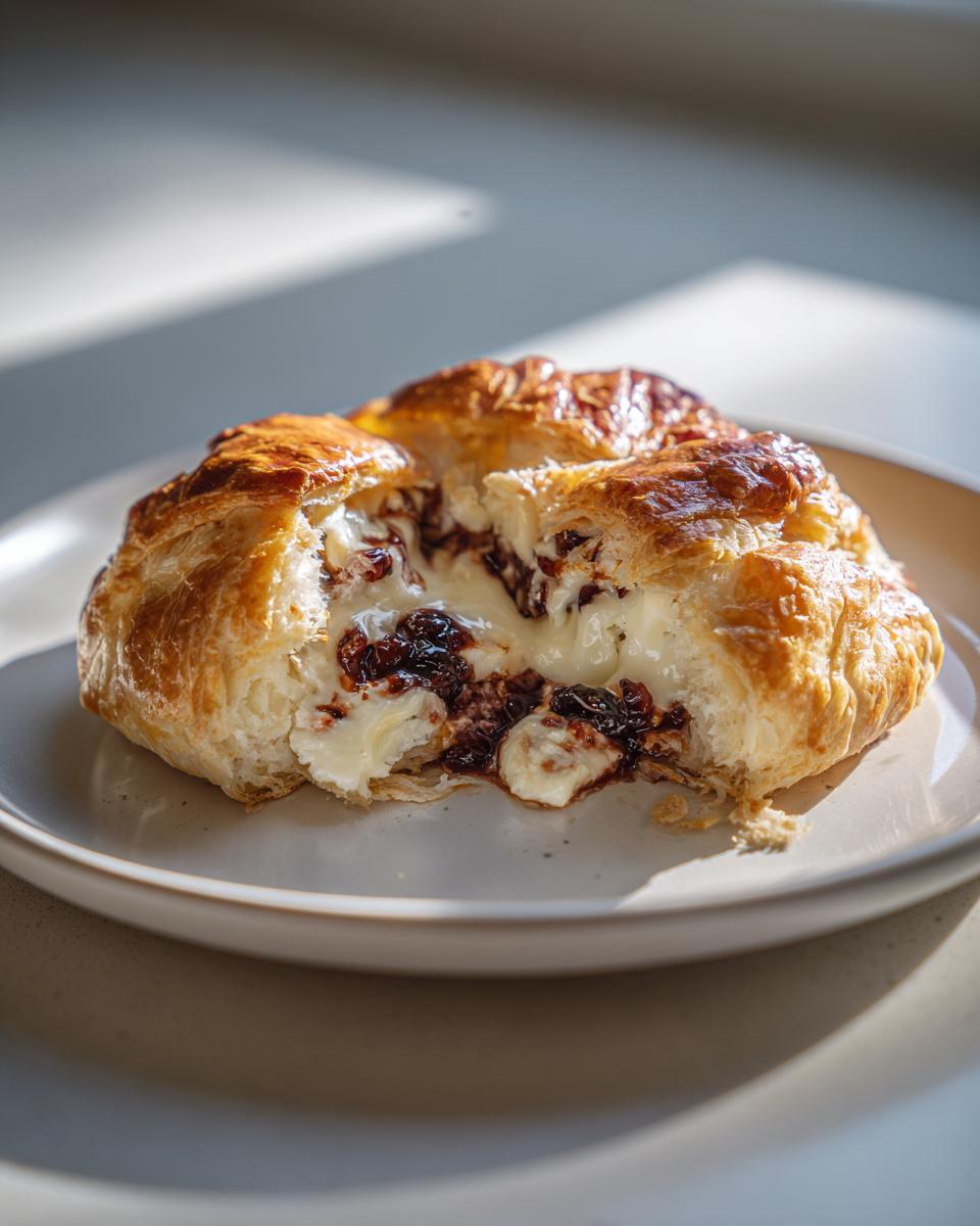 Close-up of baked brie in puff pastry, cut open to show melted brie cheese and dark jam filling.