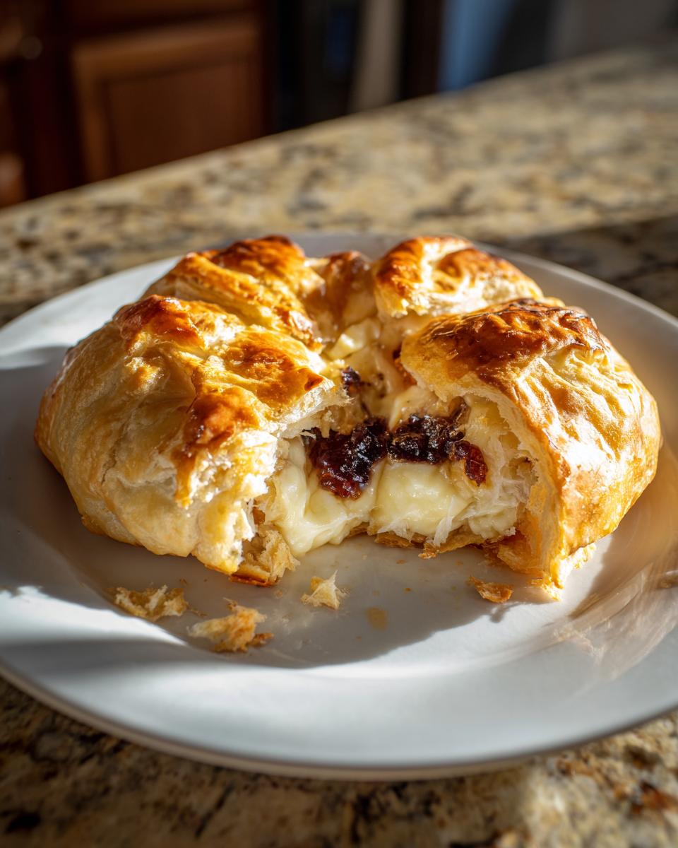 Close-up of baked brie in puff pastry, cut open to show melted cheese and dark fruit preserves.