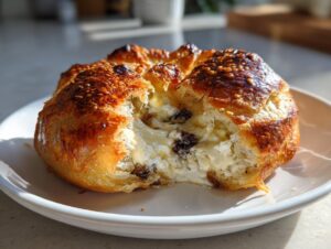 Close-up of a golden brown baked brie in puff pastry, cut open to show melted cheese and raisins inside.