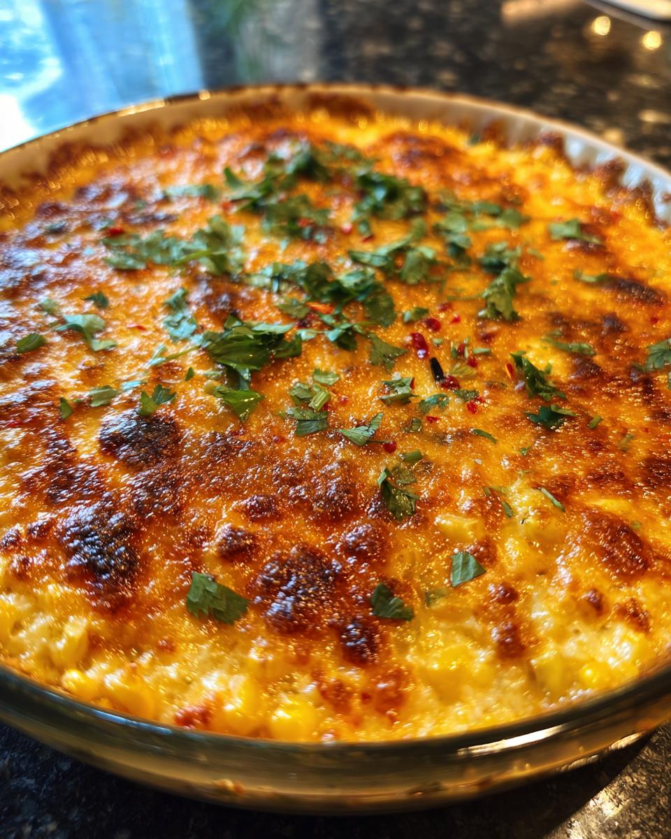 Close-up of a hot, baked street corn dip with a golden-brown, bubbly cheese topping and fresh cilantro.