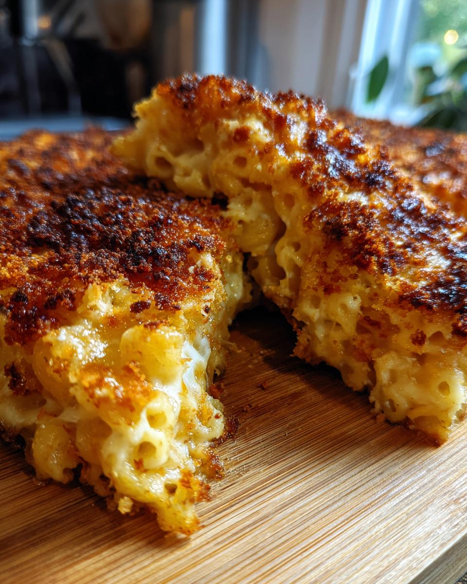 Close-up of a rich, cheesy baked mac and cheese slice showing a deeply browned, crispy top crust.