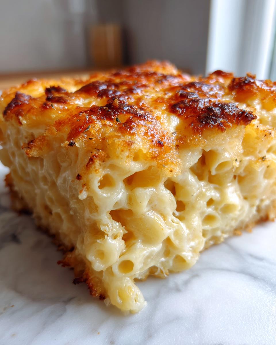 Close-up of a thick, creamy slice of baked mac and cheese recipe with a golden-brown, crispy top.