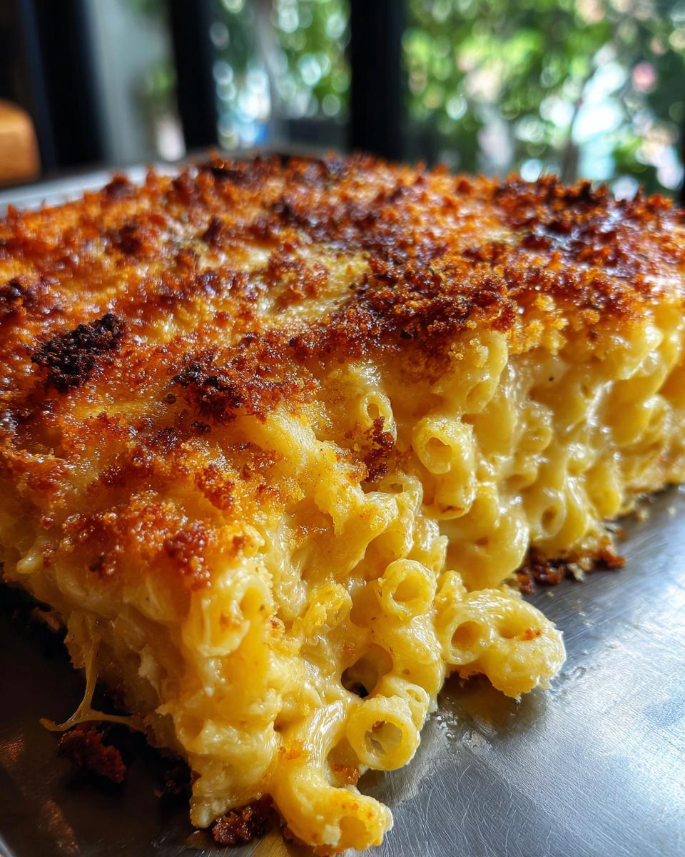 Close-up of a rich, creamy slice of baked mac and cheese recipe with a crispy, browned topping.