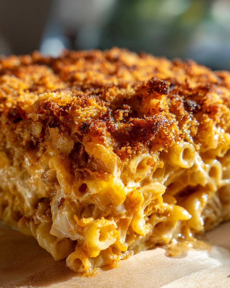 Close-up of a rich, cheesy slice of baked mac and cheese recipe with a crispy, browned topping.