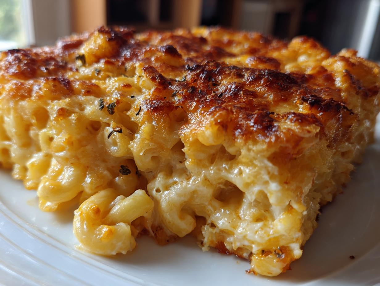 Close-up of a rich, cheesy slice from a baked mac and cheese recipe with a golden-brown, bubbly top.