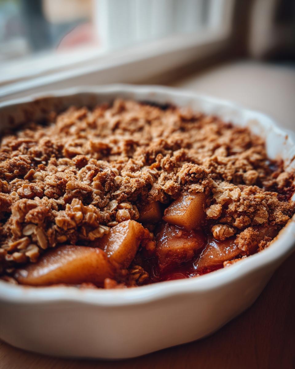 A close-up of a bubbling, baked pear crisp in a white dish, showing soft cooked pears and a crunchy oat topping.