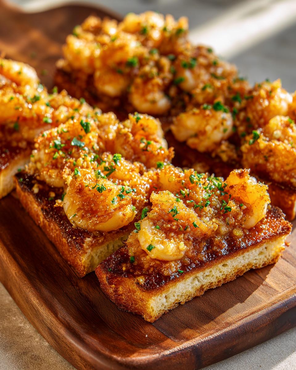 Several pieces of baked shrimp toast topped with saucy shrimp and minced herbs, served on a dark wooden cutting board.