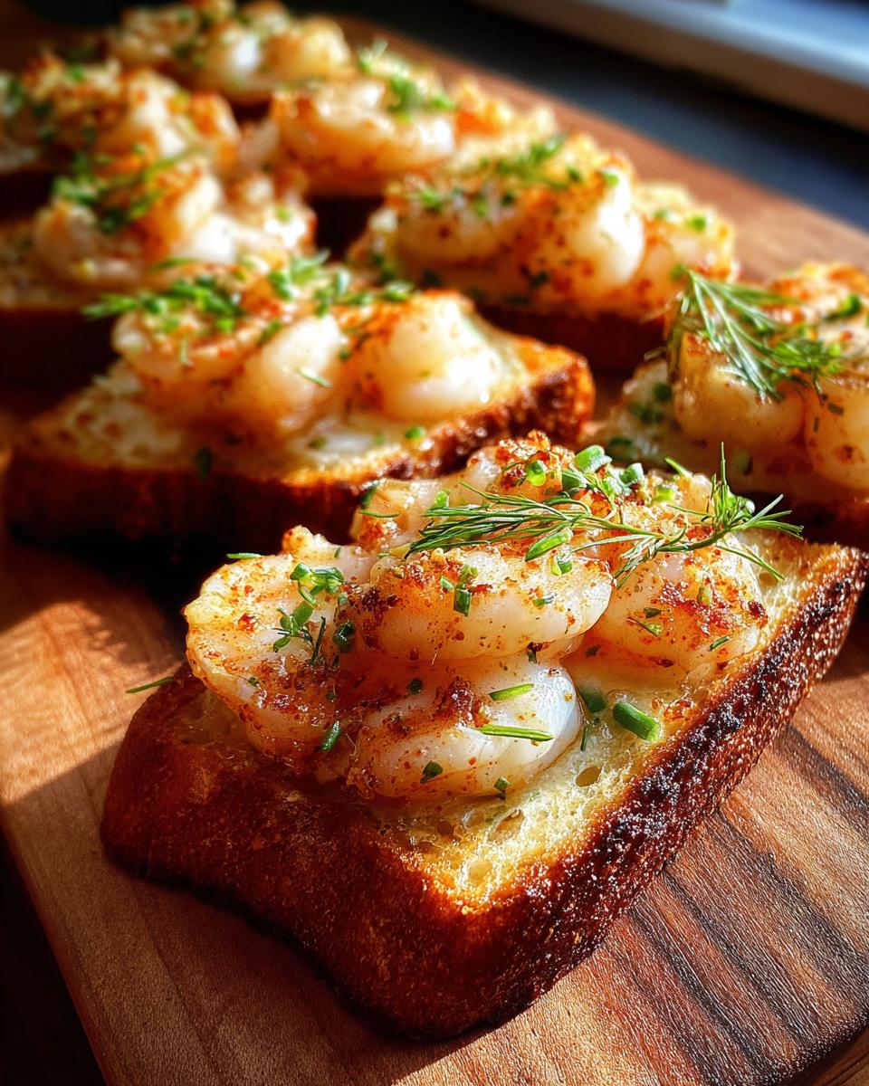 Close-up of perfectly baked shrimp toast pieces topped with seasoned shrimp and fresh herbs.
