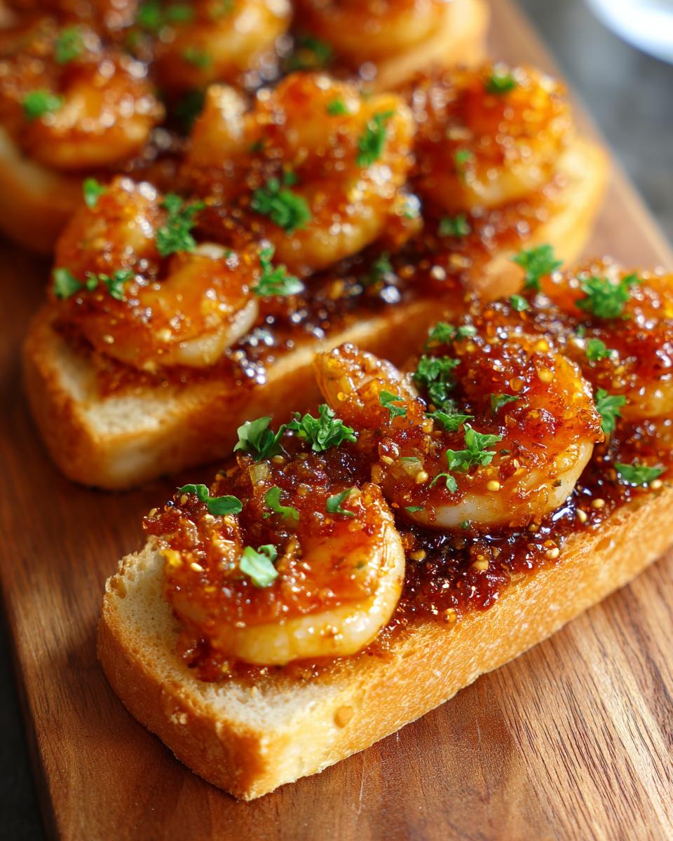Close-up of baked shrimp toast slices topped with glazed shrimp and fresh parsley garnish.