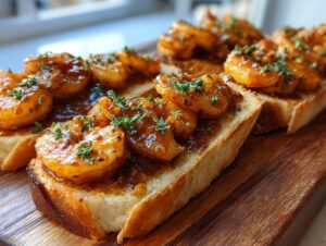 Several pieces of baked shrimp toast topped with glazed shrimp and fresh herbs, resting on a dark wooden cutting board.