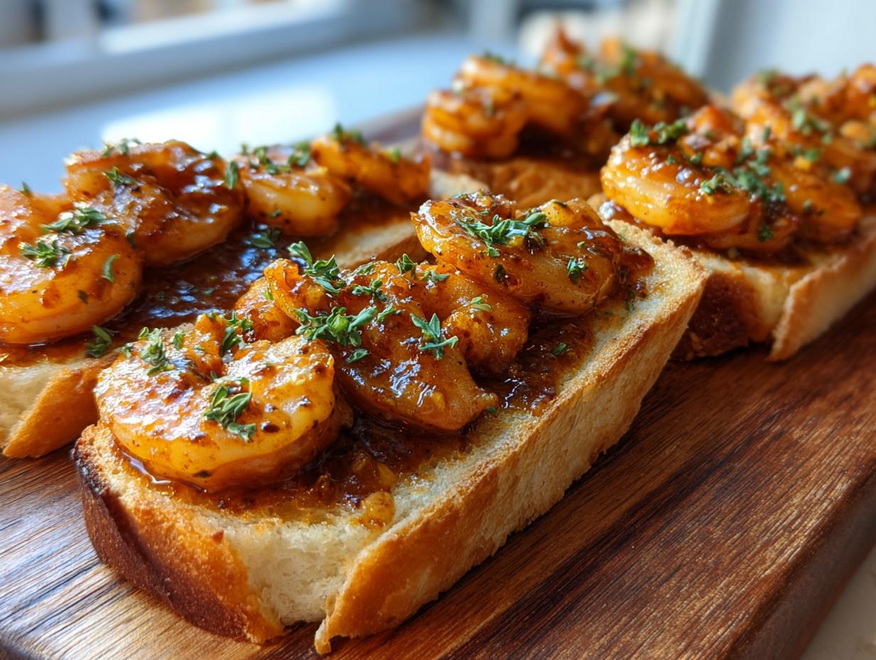 Several pieces of baked shrimp toast topped with glazed shrimp and fresh herbs, resting on a dark wooden cutting board.