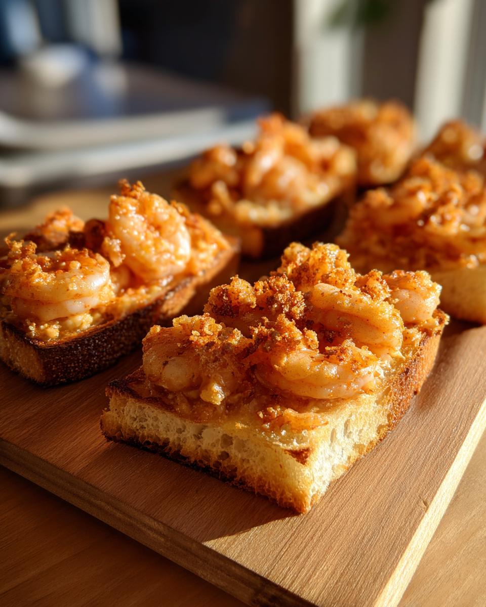 Close-up of baked shrimp toast slices topped with seasoned shrimp and crispy bits on a wooden cutting board.