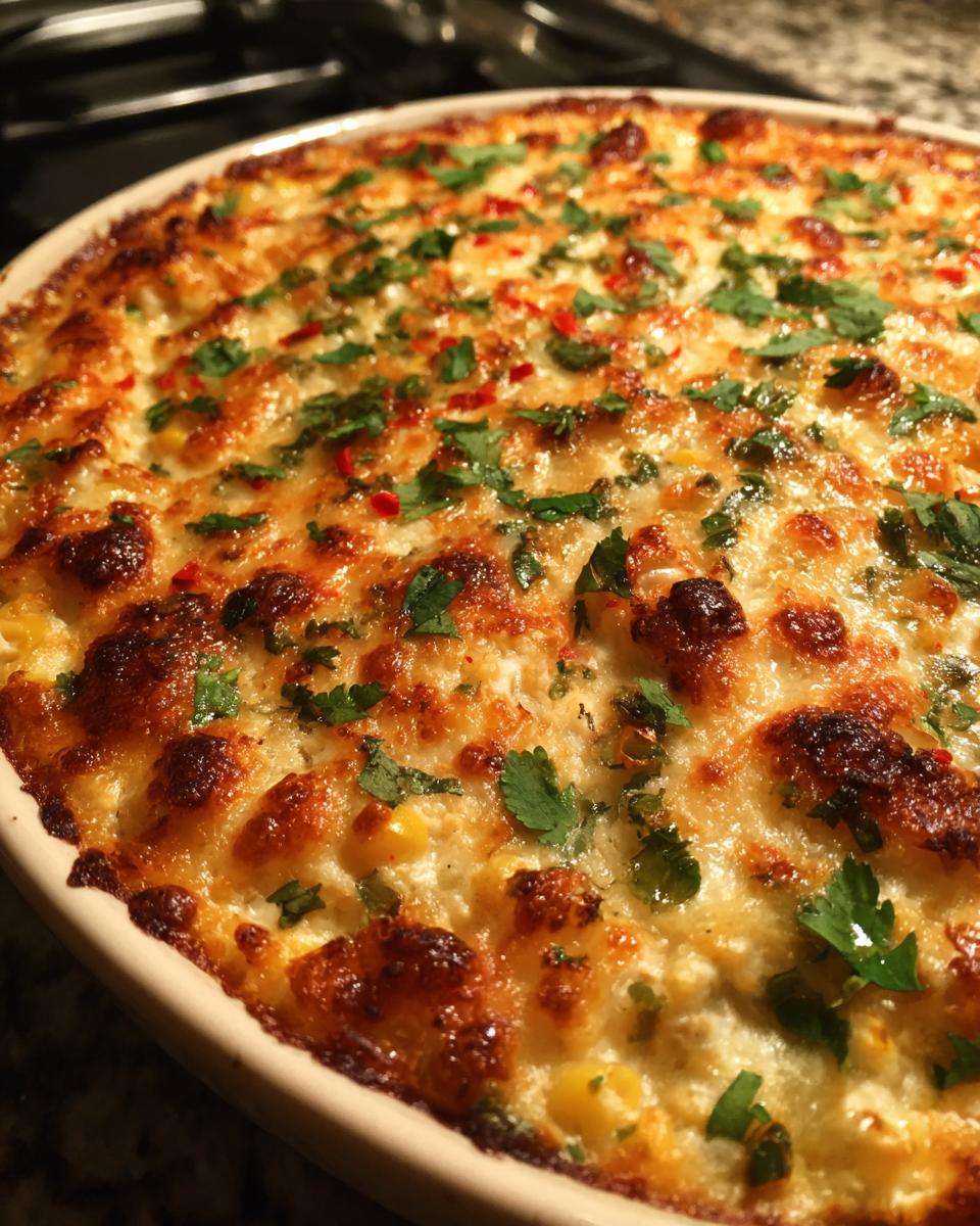 Close-up of a hot, baked street corn dip with bubbly, browned cheese, topped with fresh cilantro and red pepper flakes.