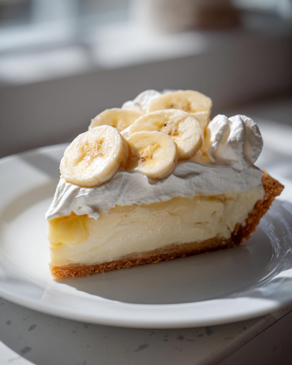 A perfect slice of banana cream pie showing creamy filling, graham cracker crust, whipped cream, and fresh banana slices.