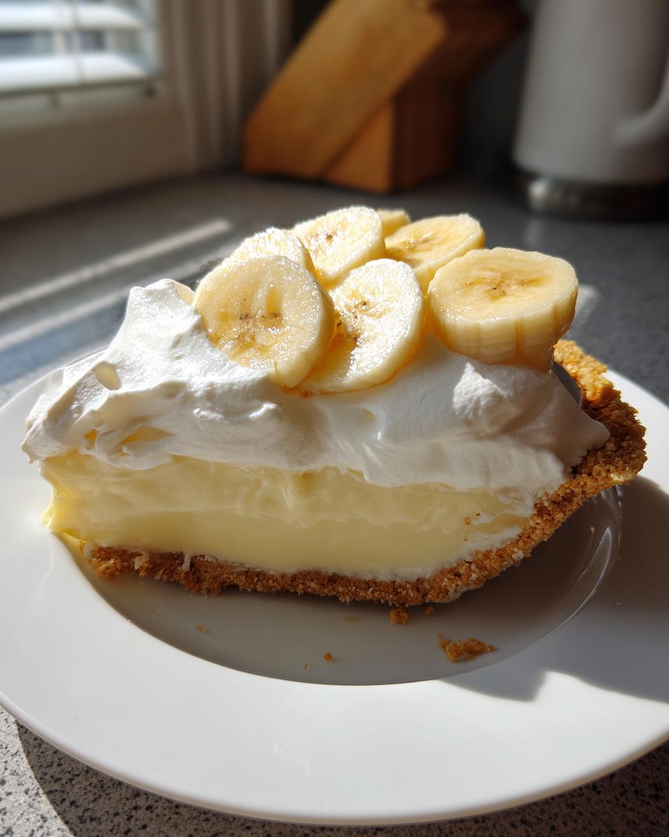 A generous slice of banana cream pie featuring a graham cracker crust, thick vanilla custard, whipped cream, and fresh banana slices on top.