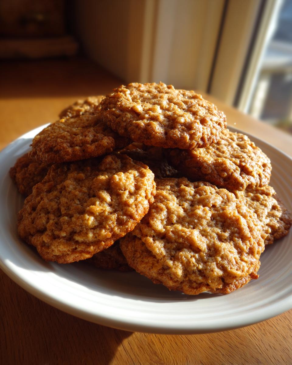A stack of golden brown, textured banana oatmeal cookies piled high on a white plate, lit by sunlight.
