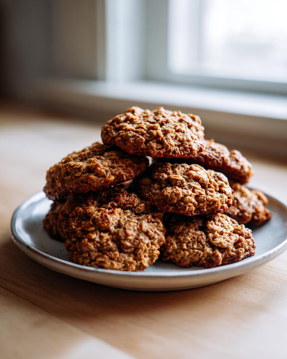 A tall stack of freshly baked, chewy banana oatmeal cookies piled high on a small, speckled plate.