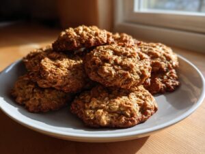 A stack of golden brown, textured banana oatmeal cookies resting on a light gray plate near a window.
