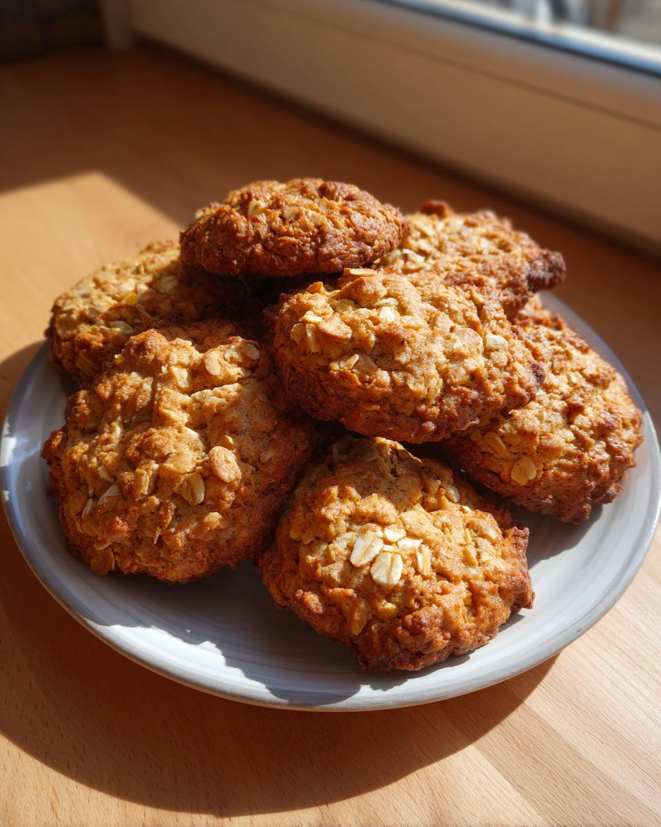 A stack of golden brown banana oatmeal cookies, studded with visible oats, resting on a light gray plate by a sunny window.
