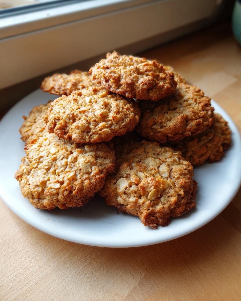 A tempting stack of golden brown banana oatmeal cookies piled high on a white plate near a window.