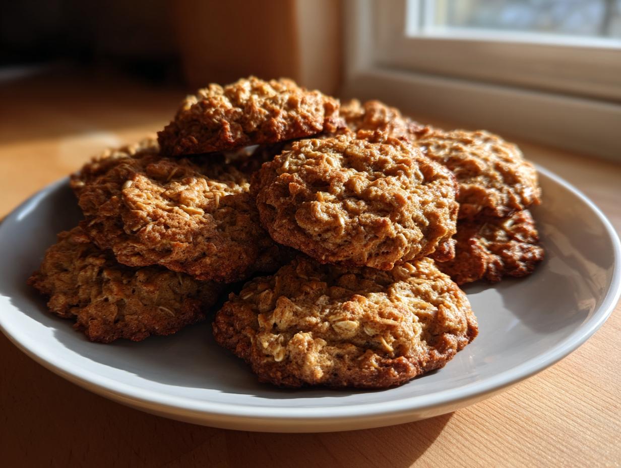 A stack of golden brown, textured banana oatmeal cookies resting on a light gray plate near a window.