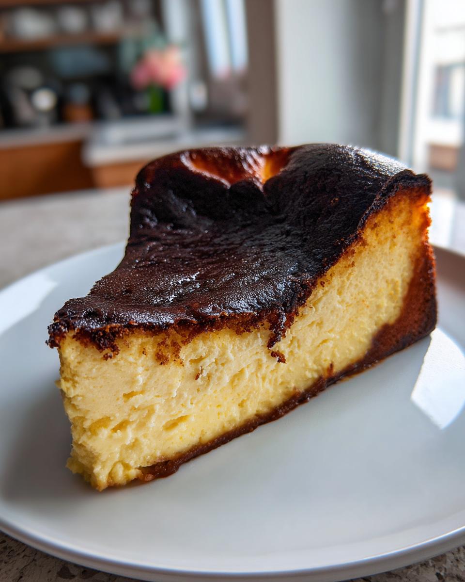 A thick slice of Basque burnt cheesecake showing its signature dark, caramelized top and creamy yellow interior.